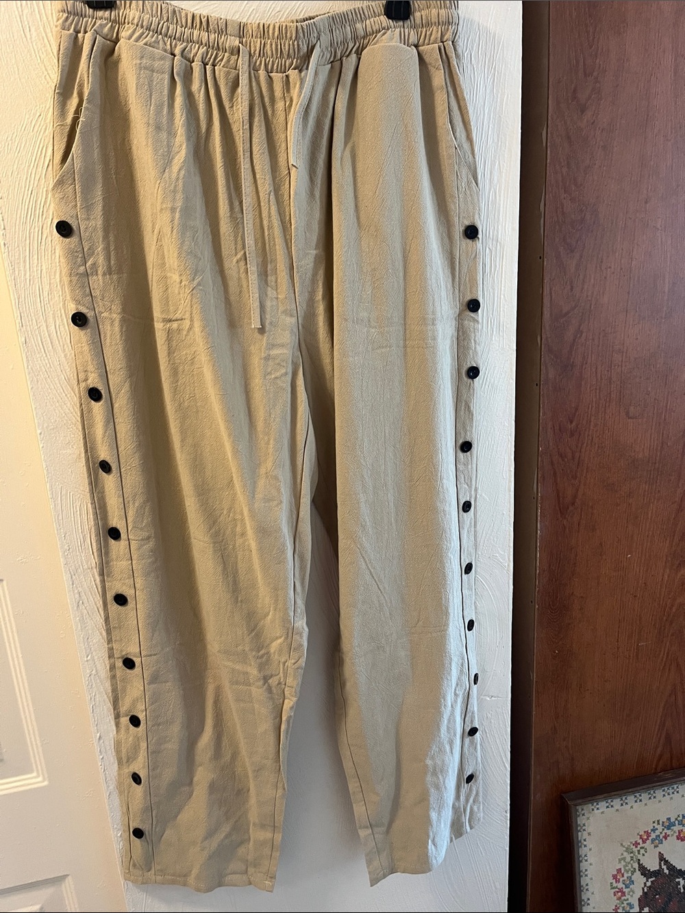 Casual Button-Trim Drawstring Pants - Tan